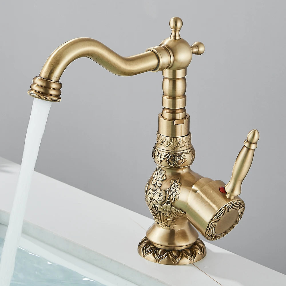 Basin Faucets Antique Brass Faucet Basin Carving Tap Rotation Single Handle Tap Mixer Taps Bathroom Vessel Sink Faucet