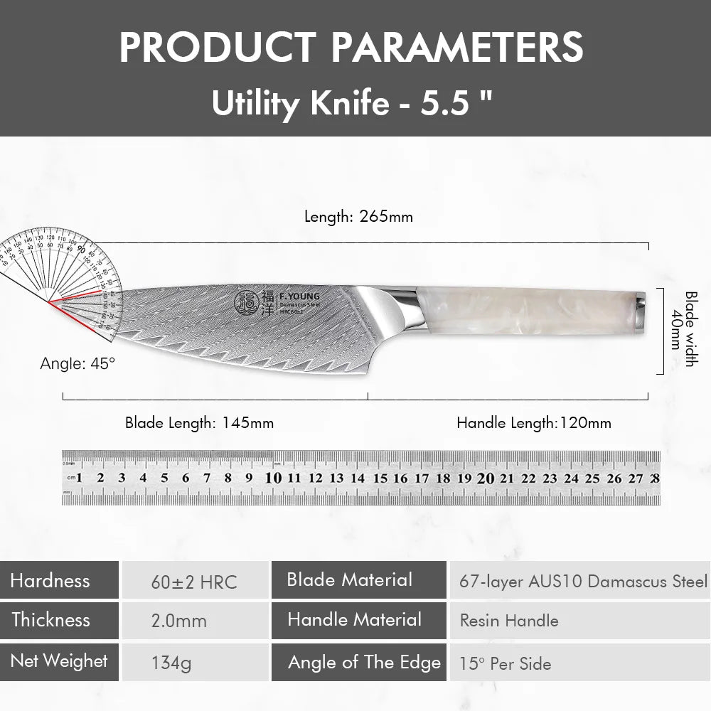 F.YOUNG 5.5" Utility Knife Damascus Steel Japanese Chef Knife Cut Vegetable Meat Fruit Professional Kitchen Knives Cooking Tools