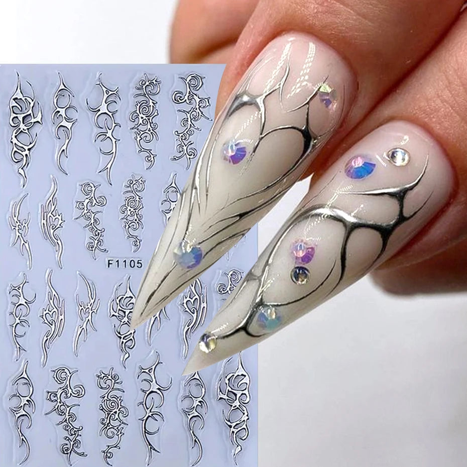 2pcs Metallic Chrome Nail Art Stickers Y2K Punk Thorns Flame Totem Designs Gold Silver Irregular Stripes Adhesive Decals Decor