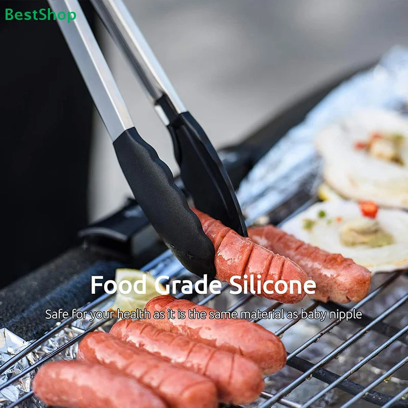♥Stainless Steel Food Tongs-Heat-Resistant Silicone Grip Tongs for Cooking, Grilling & Serving (7/9/12inch, Black/Red)