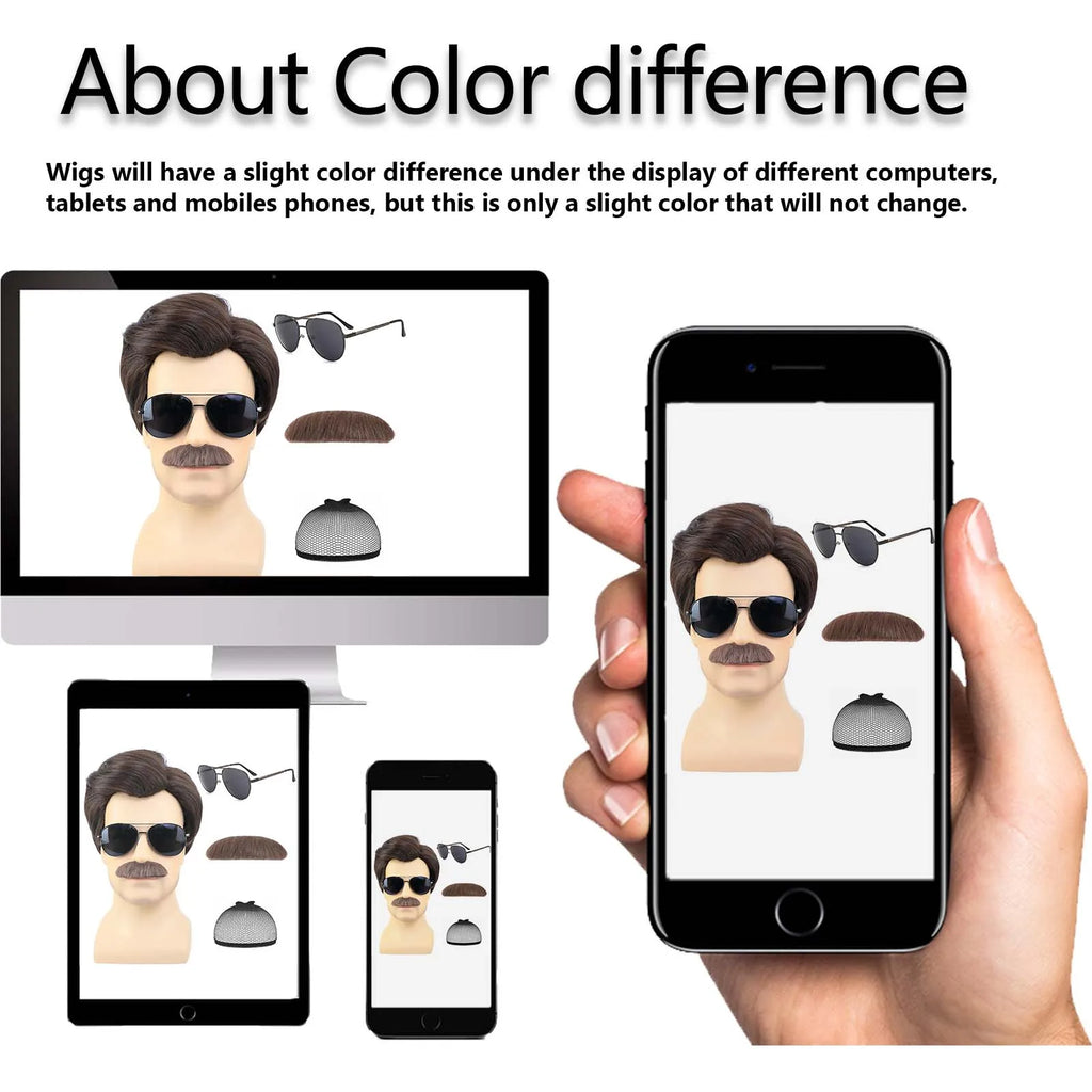 Synthetic Short Brown Men Wig with Msutache and Sunglasses for 70s 80s Costume Cosplay Halloween Party, Ted Lasso Cosplay Wig