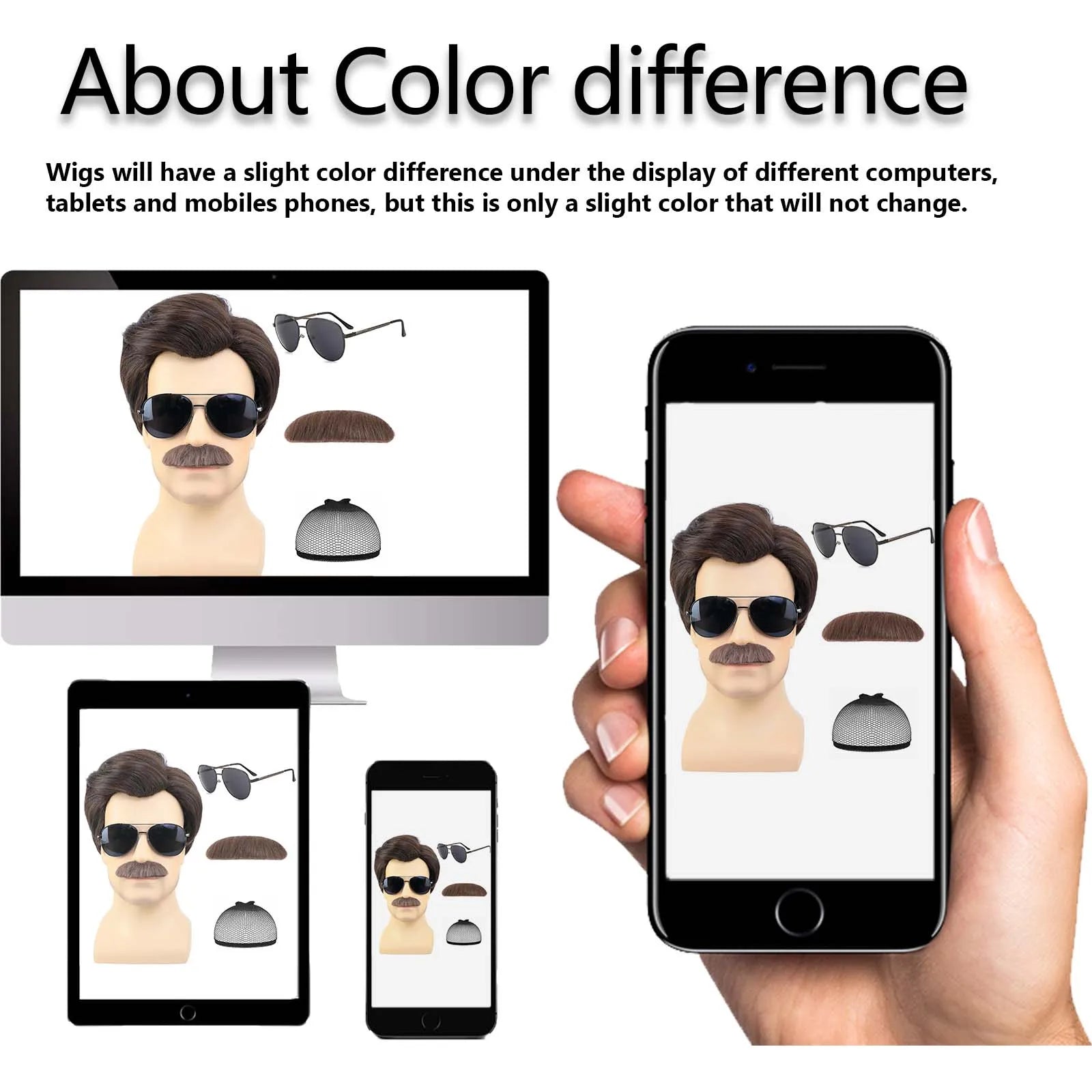 Synthetic Short Brown Men Wig with Msutache and Sunglasses for 70s 80s Costume Cosplay Halloween Party, Ted Lasso Cosplay Wig