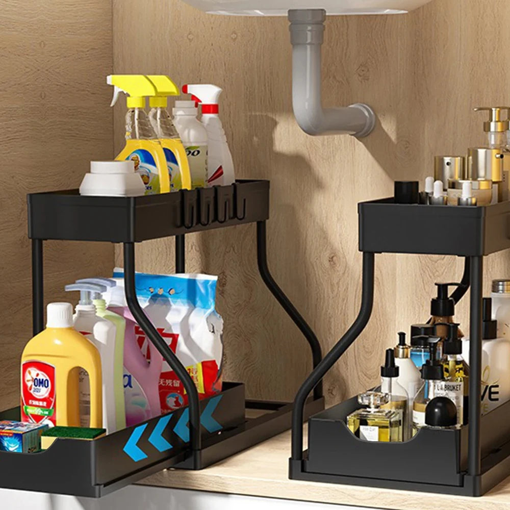 2 Tier Pull Out Organizer Under Sink for Kitchen Spices Bathroom Cosmetics Living Room Table Storage Desktop Cabinet Rack