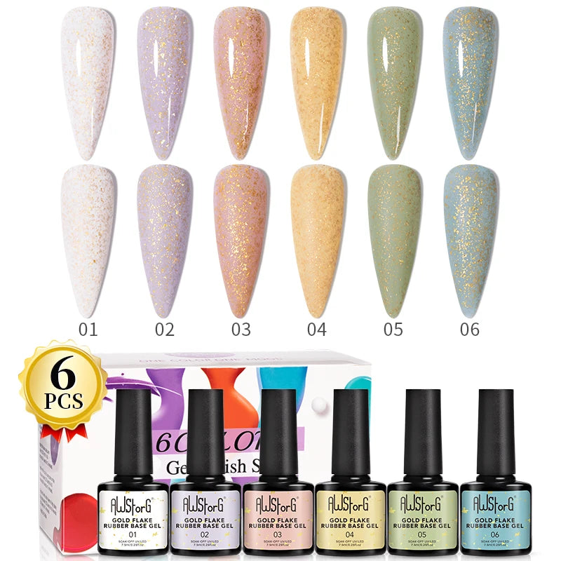 AWStorG 6Pcs 7.5ML Gold Flake Glitter Rubber Base Gel Kit Nail Polish Long Lasting Quick Extension Gel Nail Art UV Glue Builder