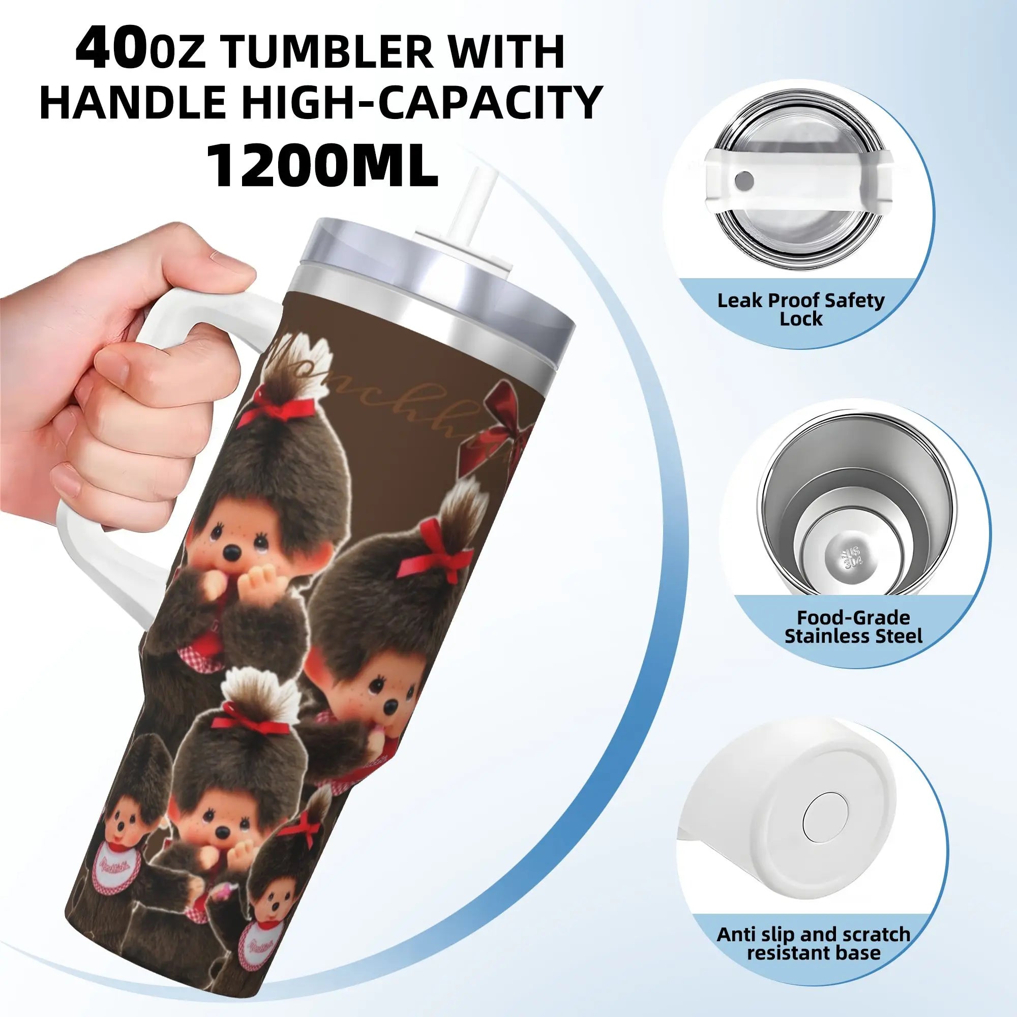 Monchhichis Tumbler With Straw  Stainless Steel Tumblers Cup Double Wall Vacuum Insulated for Cold Or Hot 40oz