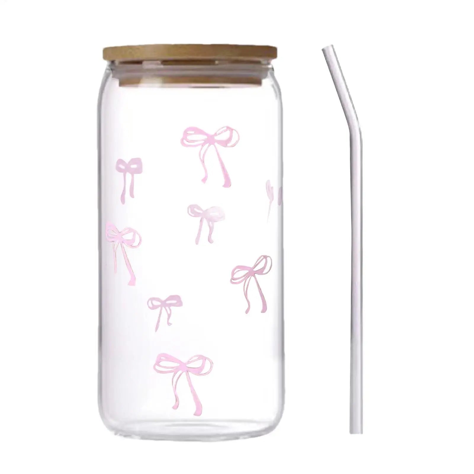 Transparent Glass Tumbler Pink Bow Flower Sticker Drink Juice Cup Suitable For Hot And Cold Drinks Bow Tie Straw Cup