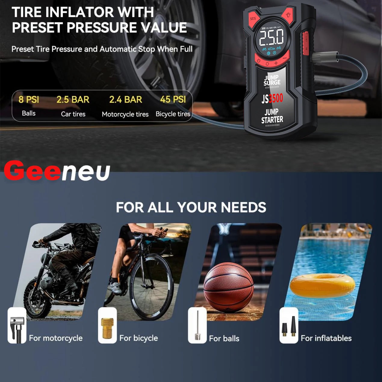 5-in-1 Multifunctional Air Pump Jump Starter with Air Compressor 3000A Peak/150PSI Battery Jump Starter Digital Tire Inflator