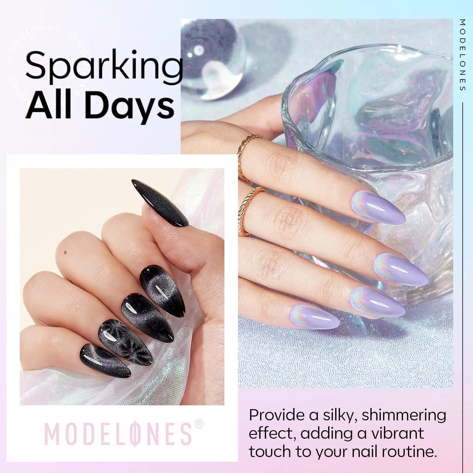 modelones Cat Eye Rainbow Gel Nail Polish Silver Glitter Holographic Glass 9D Cat Eye Gel Polish with Magnet Stick Soak Off U V