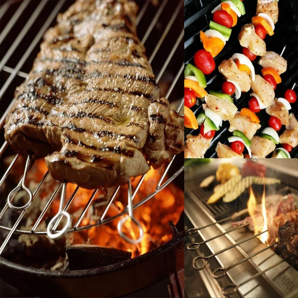 20pcs Reusable Stainless Steel Barbecue Skewer Ringed Kabob Skewers Roast Goose Needle 20/25/30cm BBQ Skewers Hanging furnace