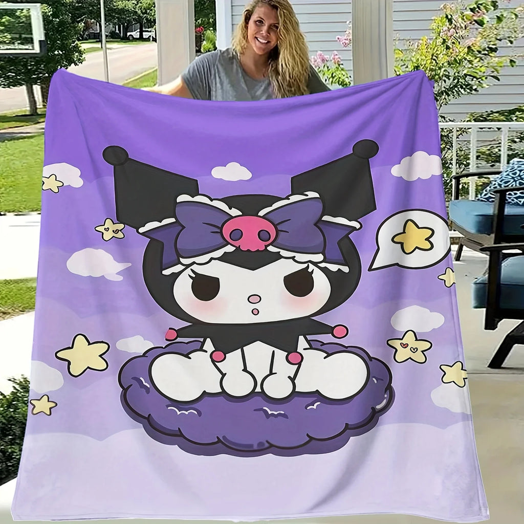 Purple Kuromi Flannel Blanket 2D Single Print Cute Breathable Durable Couch Bed Living Room Bedroom Home Decor Daily Use Blanket