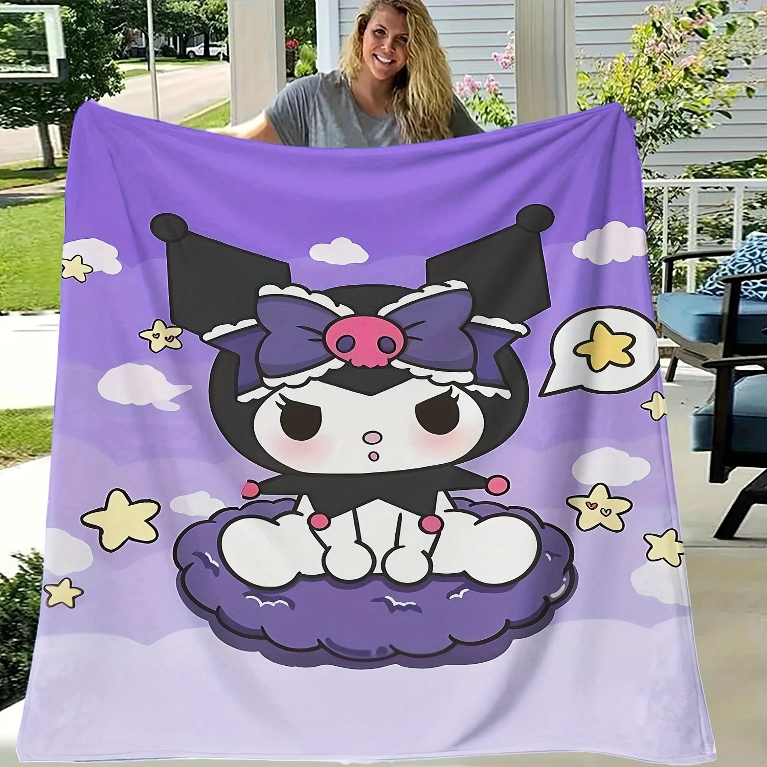 Purple Kuromi Flannel Blanket 2D Single Print Cute Breathable Durable Couch Bed Living Room Bedroom Home Decor Daily Use Blanket