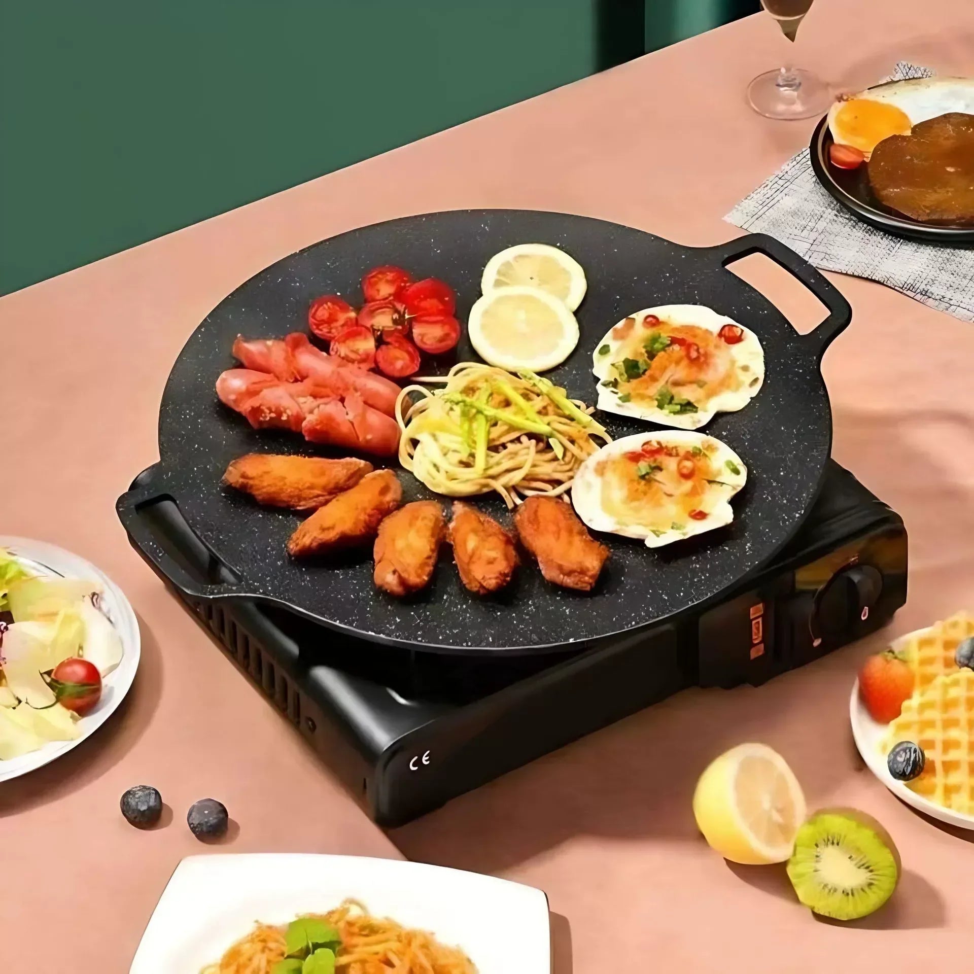 Thin Korean Grill Pan,Round BBQ Griddle Compatible Non-stick for Induction,Gas Stove,Electric Cooktop,Indoor or Outdoor Grilling