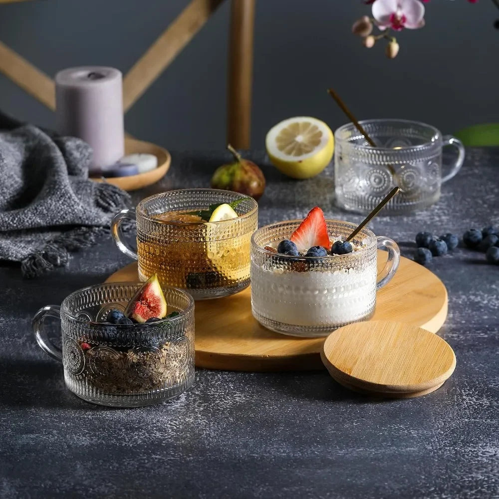 4pcs/Set Vintage Coffee Mugs Containers with Bamboo Lids and Spoons 14oz Clear Embossed Glass Cups for Birthday Christmas Party