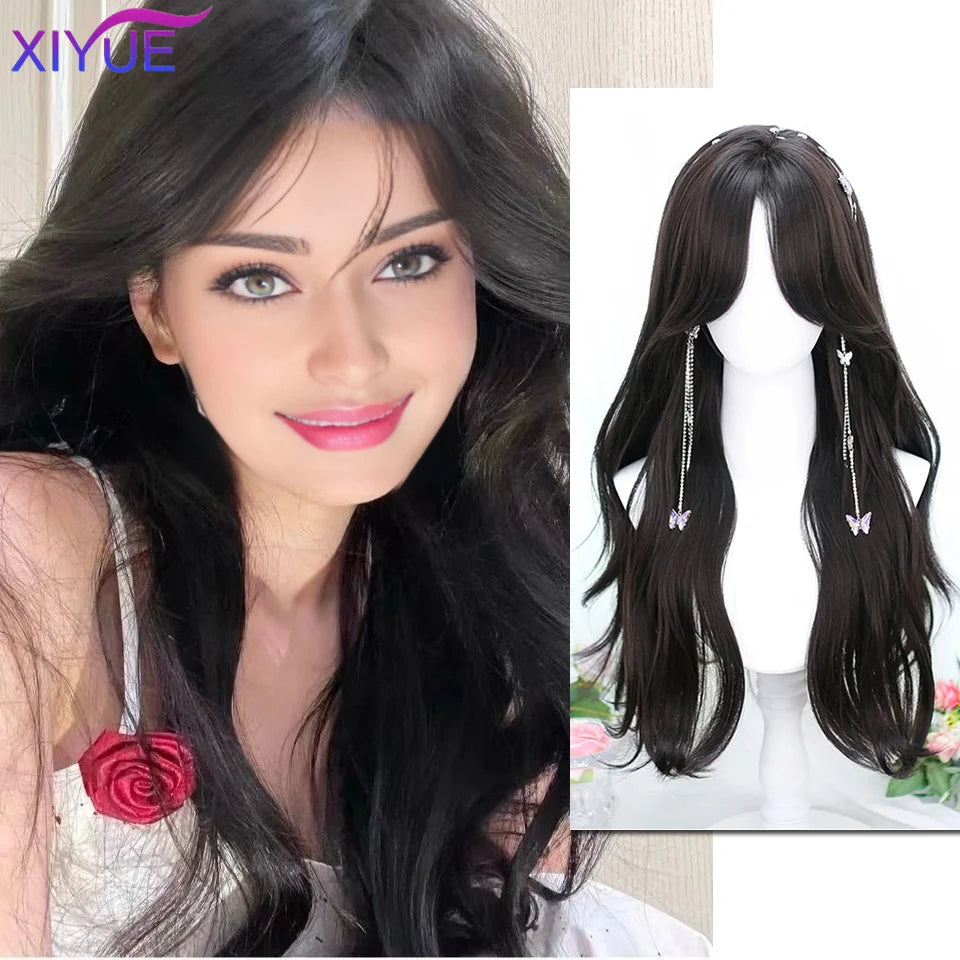 XIYUE Long Straight Black Wig With Bang Synthetic Wigs for Women Heat Resistant Natural Hair for Daily Halloween Cosplay Party