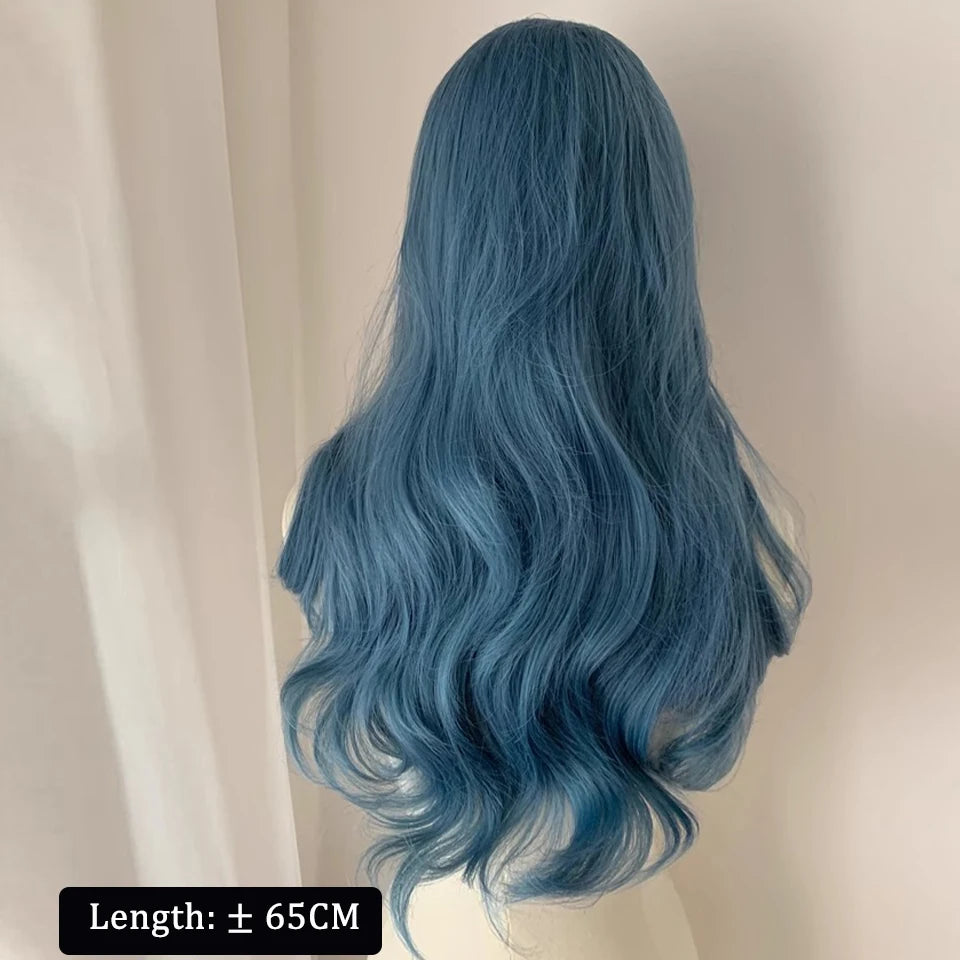 22Inch Sea Blue Color Synthetic Wigs Middle Part Long Natural Wavy Hair Wig For Women Cosplay Drag Queen Party Heat Resistant
