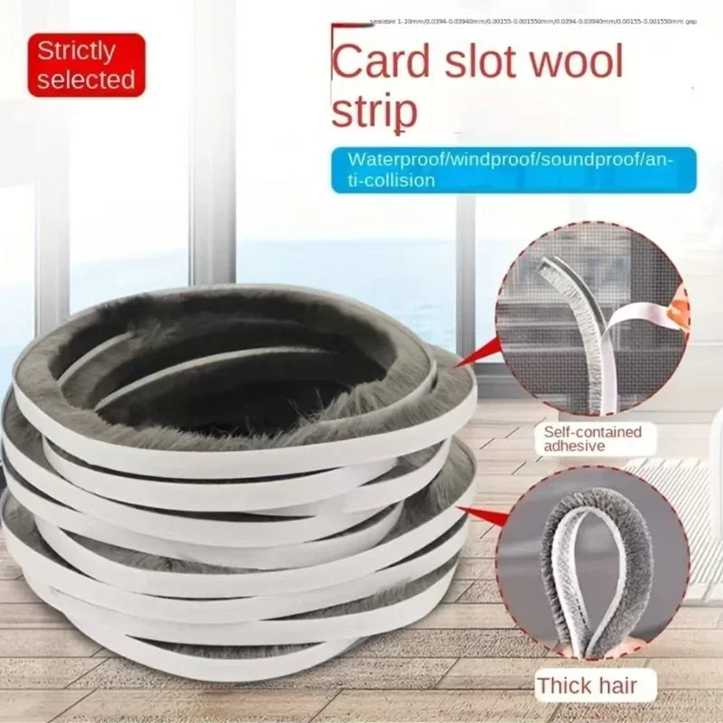 Black 10M Door Window Windproof Dust Sound Insulation Seal Strip Self Adhesive Home Wardrobe Door Window Gap Filler Brush Strip