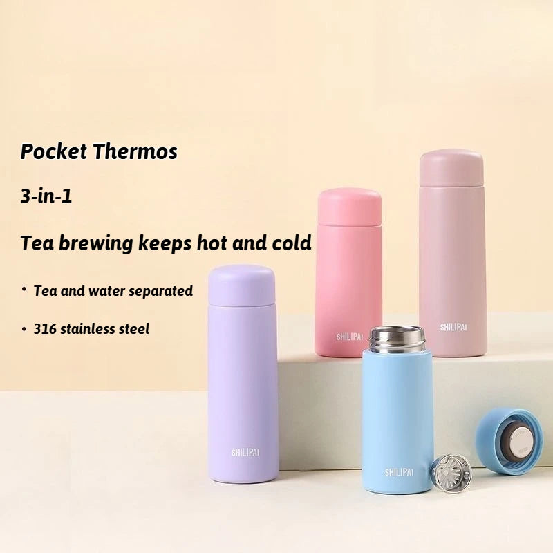 150ml/200ml Mini 316 Stainless Steel Portable Thermos Cup Vacuum Thermal Insulation Pocket Cup with Tea Strainer Water Bottle