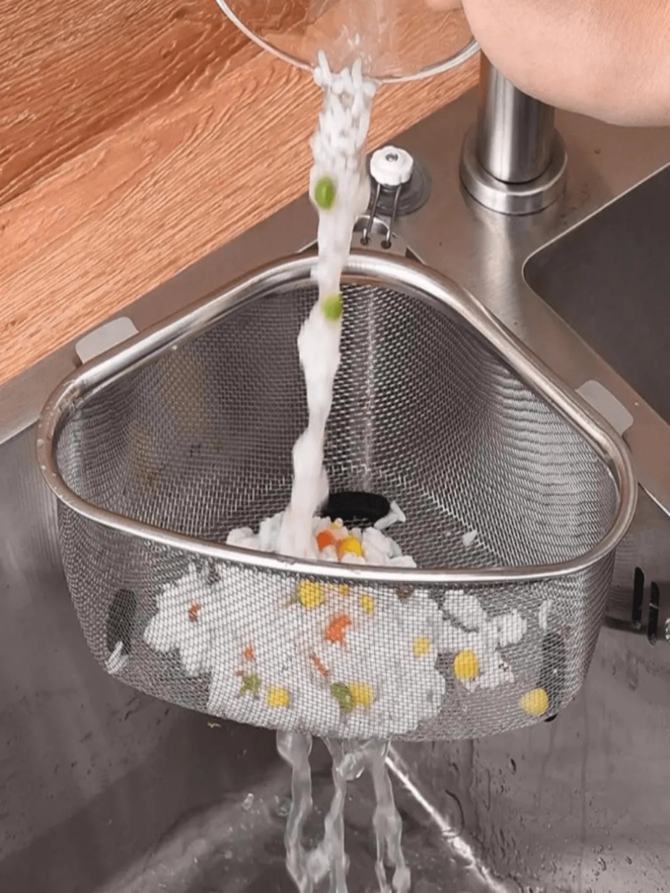 1Pc Stainless Steel Triangle Sink Drain Basket, Max Capacity 6.61lbs, Polished Surface,With Trash Residue Strainer