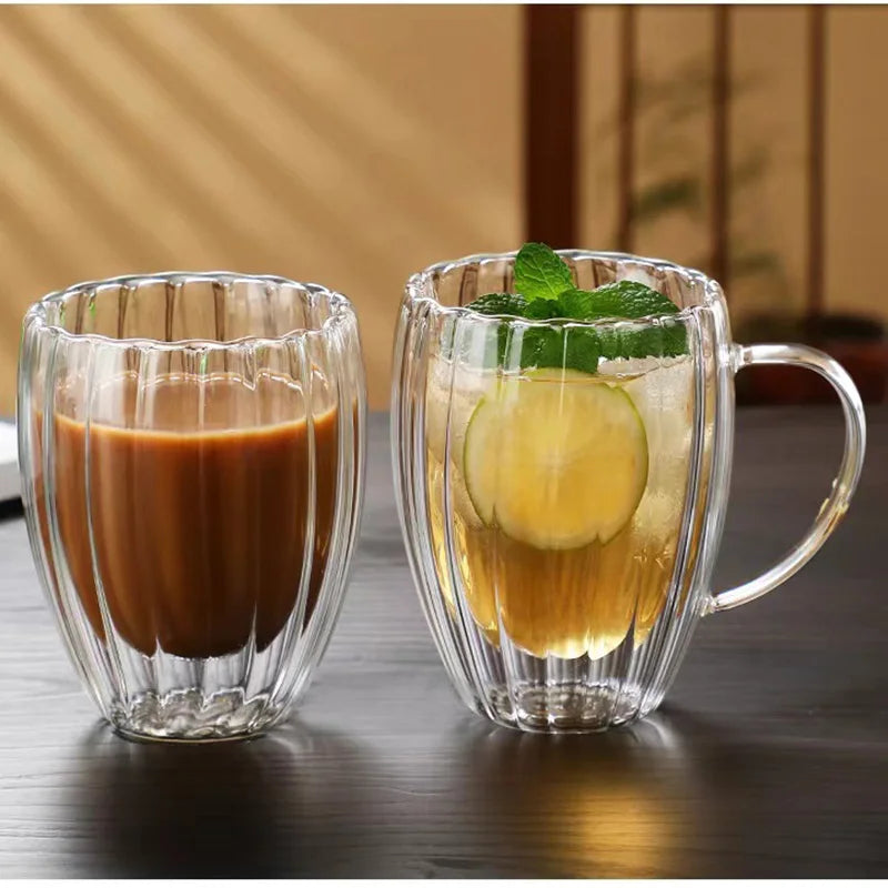 [homeeee] Ribbed Double-Wall Glass Coffee Mug - Heat Resistant