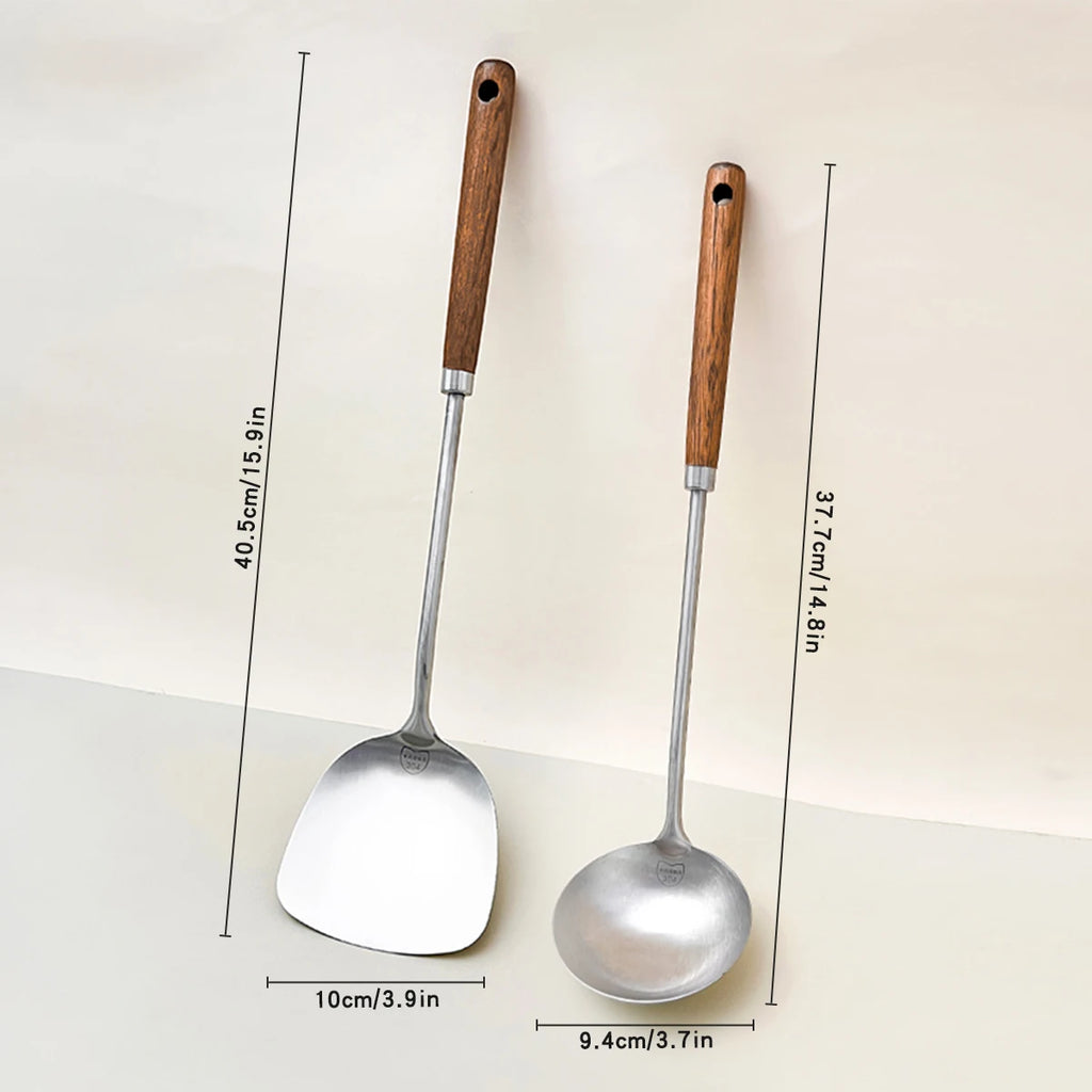 WORTHBUY 304 Stainless Steel Turner With Wooden Handle Heat-Resistant Long Handle Soup Ladle Spatula Kitchen Cooking  Utensils