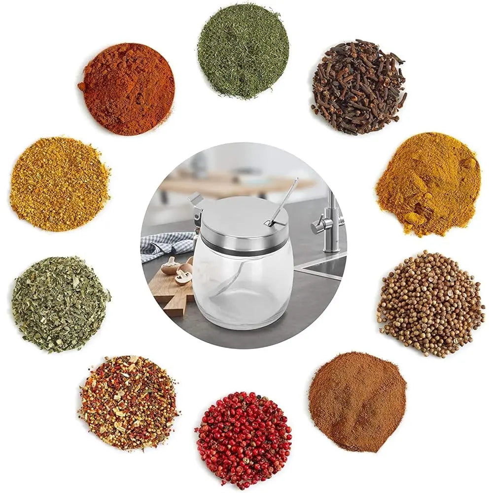 Condiment Jar Spice Container With Lids, Stainl Steel Serving Spoons, Base Ra And Labels - Glass Seasoning Bottles Kitchen