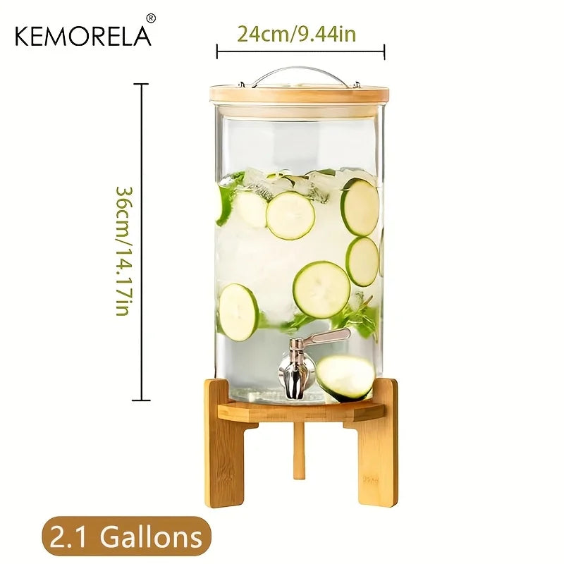 5L Glass Beverage Dispenser with Stand - Clear Drink Dispenser with Spigot Needed Durable Glass & Wood Base for Parties Bar