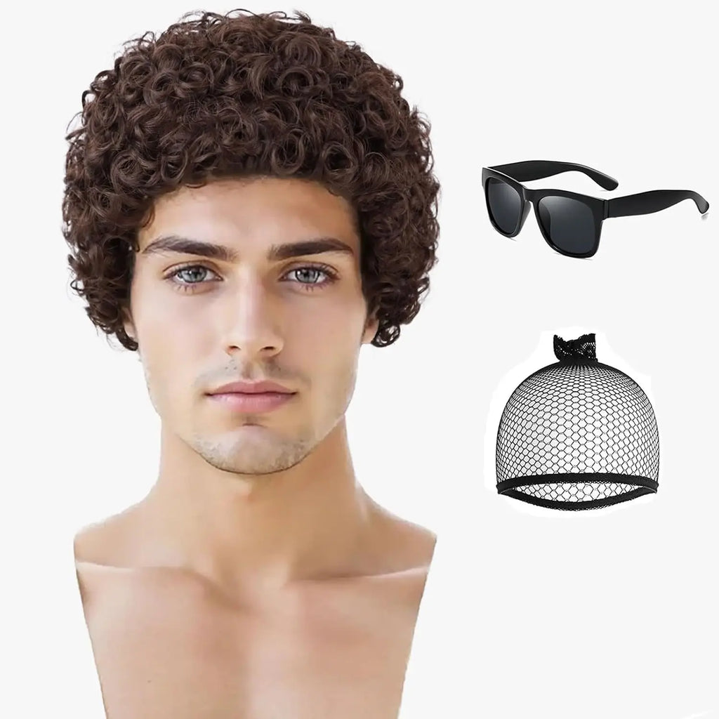 Synthetic Mens Short Afro Curly Wig With Glass for Male 70s 80s Disco Guy Rocker Halloween Cosplay Fancy Daily Party Costume