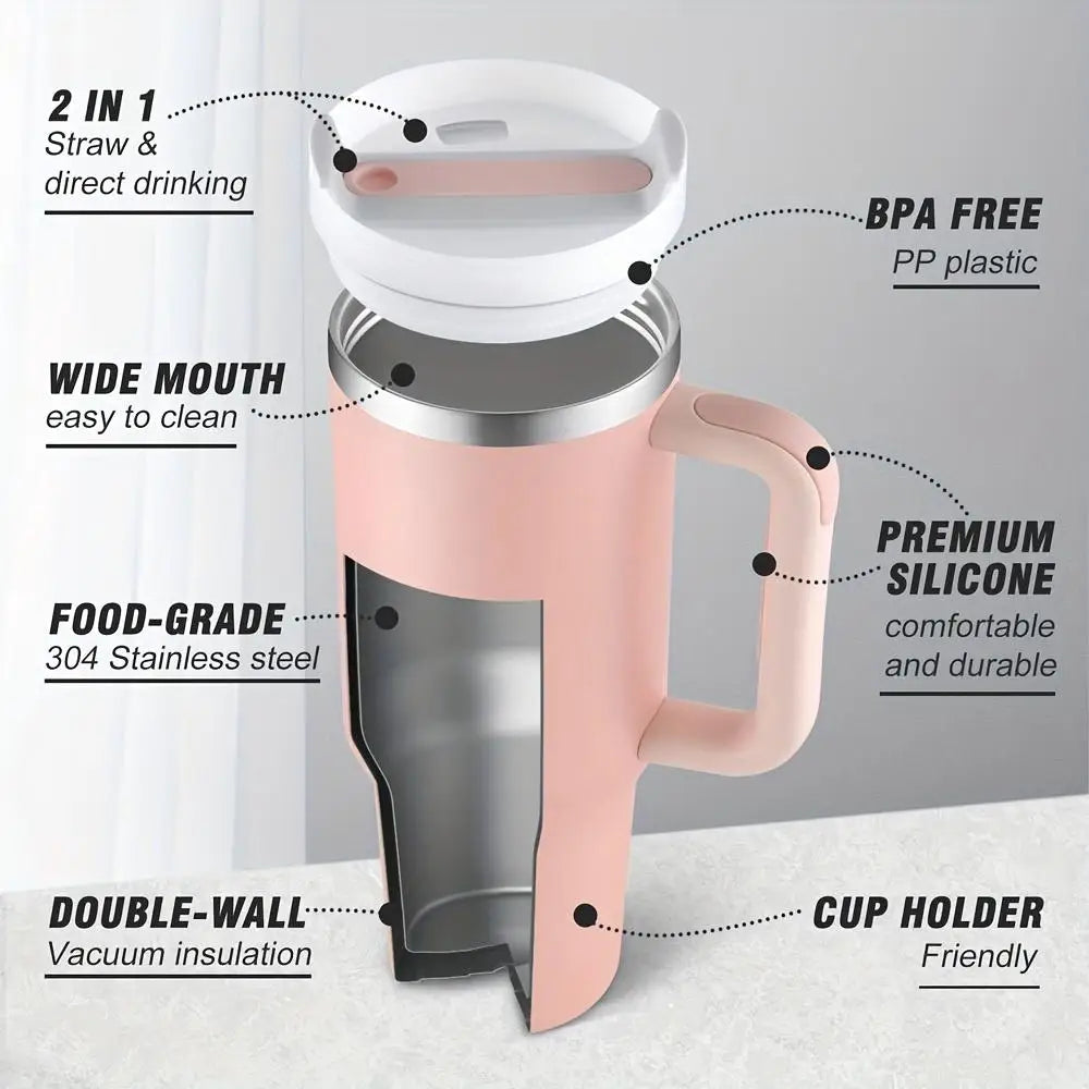 Large Capacity Car Insulated Water Bottle 40oz Leak-Proof Stainless Steel Travel Cup with Lid Straw Handle for Hot Cold Drinks