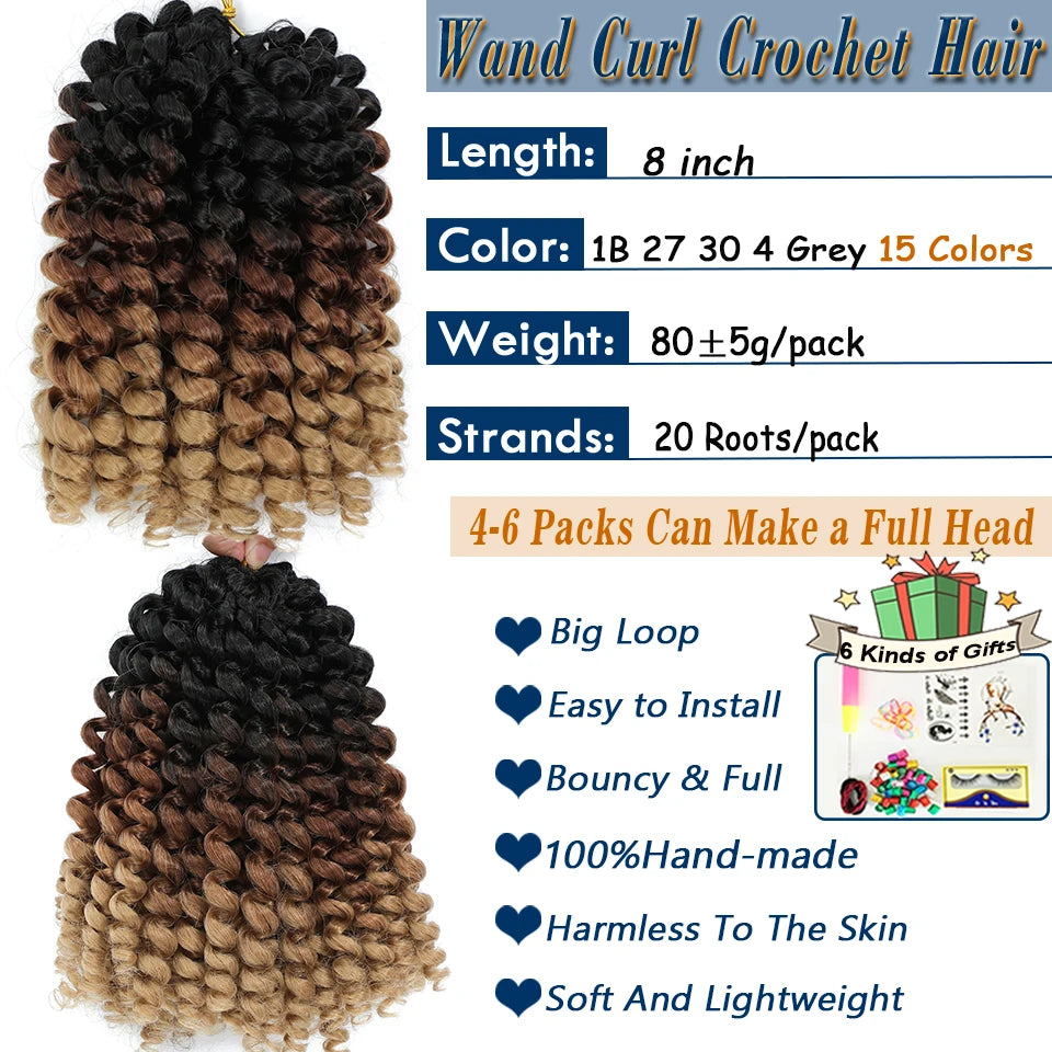 1-4Packs 2X Ringlet Wand Curl Jamaican Bounce 8inch Synthetic Wand Curl Twist Braids Hair Crochet Curly Hair Extensions 20 Roots