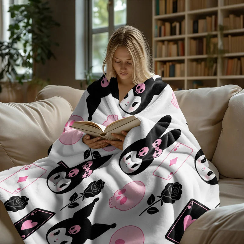 Kuromi Sanrio Flannel Throw Blanket Gothic Kawaii Card Skull Print Soft Warm Blanket for Girls Anime Home Decor Sofa Bed Blanket