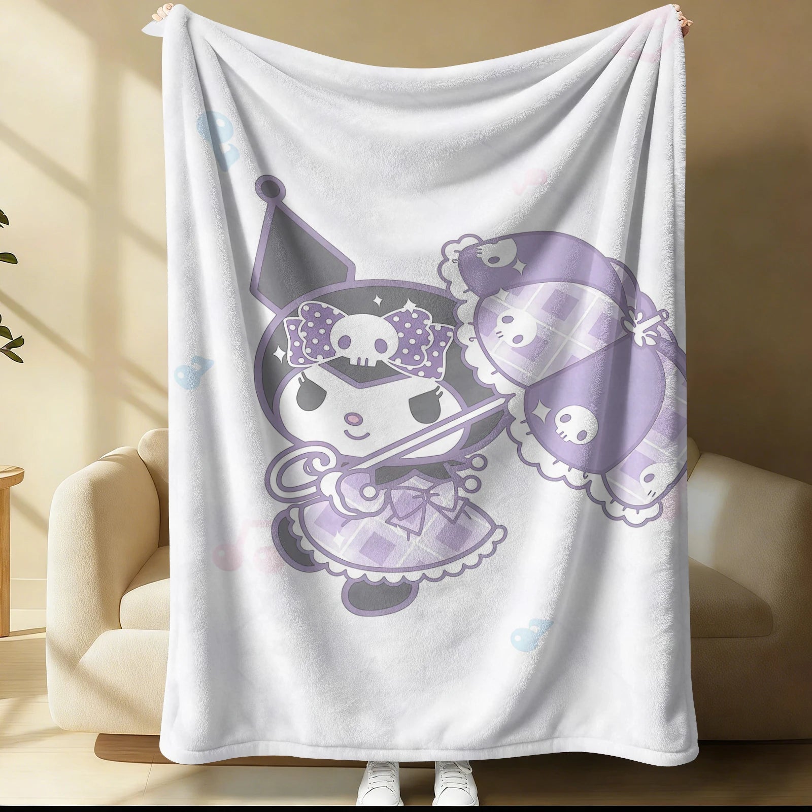 Kuromi Flannel Blanket Black White Checkerboard Cartoon Pattern Cozy Plush Throw for Bed Sofa Multi-purpose for Sofa Bed Office
