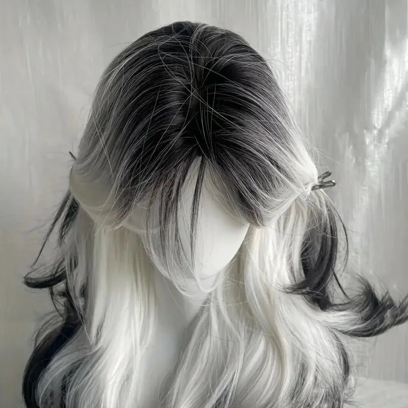 26-Inch Long Black And White Curly Waves Synthetic Hair Wig Soft Comfortable Rose Net for Everyday Parties Holidays