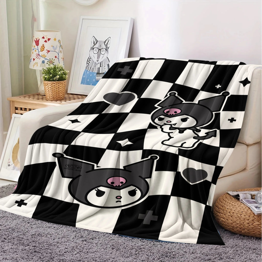 Kuromi Flannel Blanket Black White Checkerboard Cartoon Pattern Cozy Plush Throw for Bed Sofa Multi-purpose for Sofa Bed Office