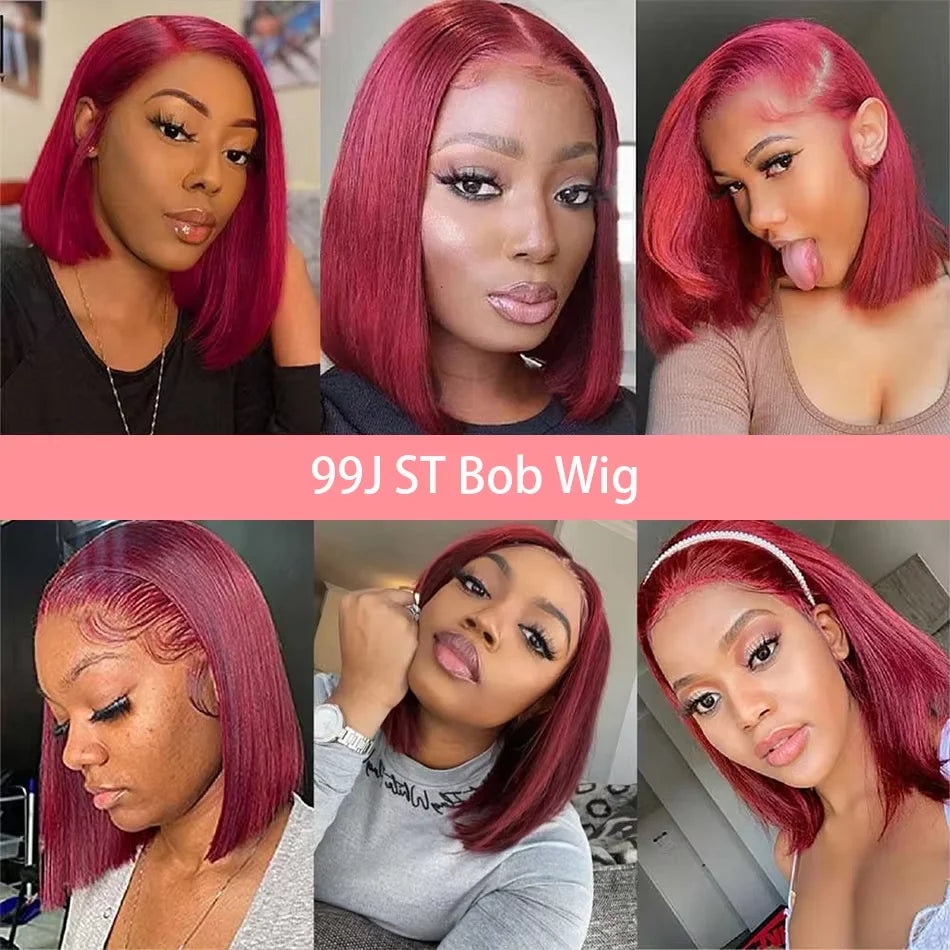 99J Burgundy Human Hair Wig Bob13x4 Straight Lace Frontal 100% Human Hair Brazilian Short Bob Wigs For Women Wine Red Lace Fron