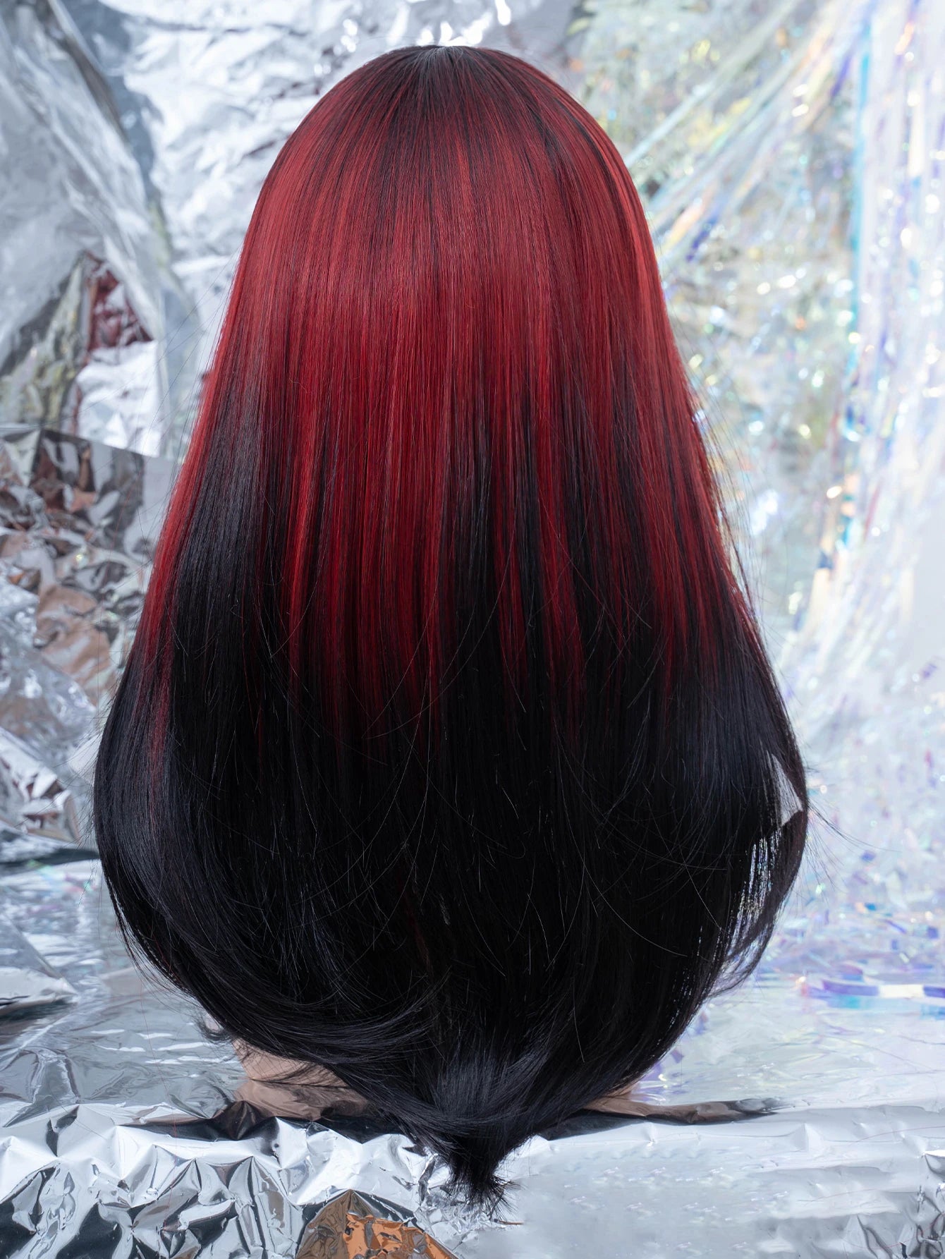 20Inch Sexy Black Red Ombre Synthetic Wigs With Bangs Medium Natural Straight Hair for Women Daily Use Cosplay Heat Resistant