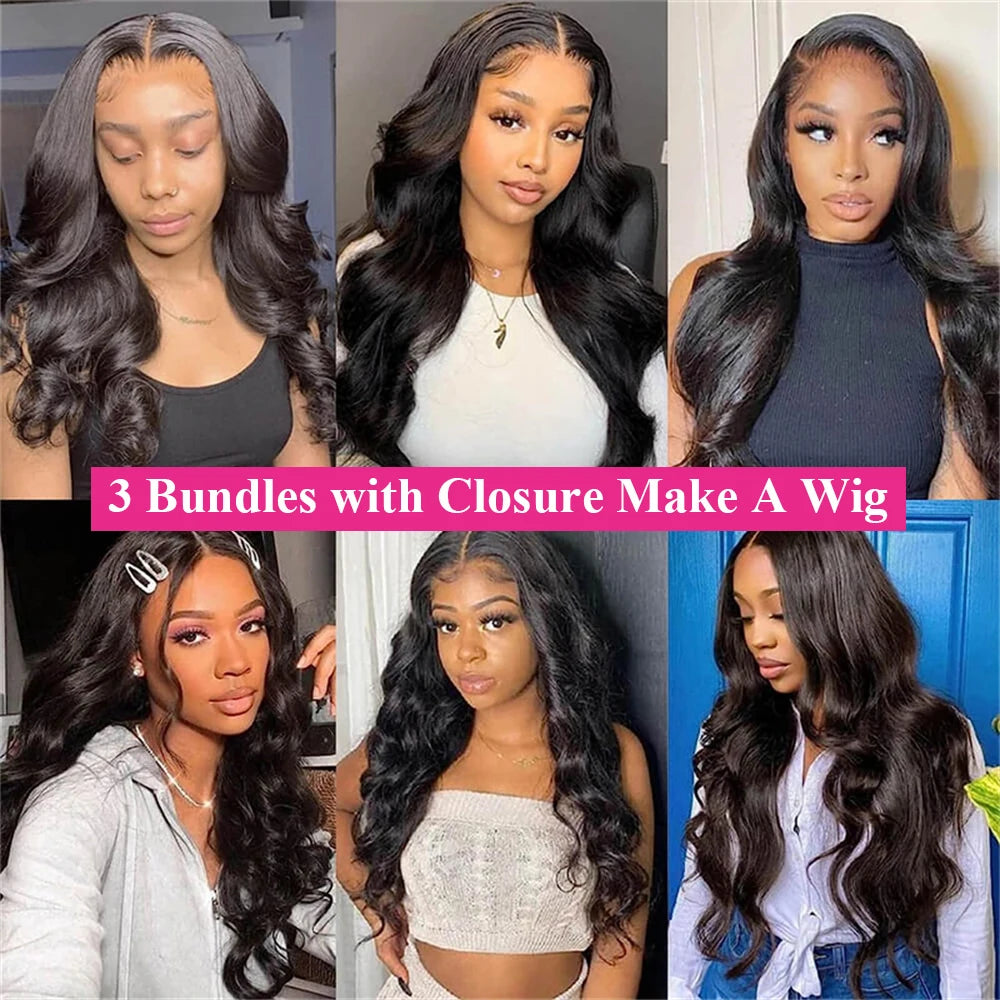 Body Wave 100% Human Hair Bundles With Closure Unprocessed Brazilian 3 Bundles with 4x4 Free Part Lace Closure For Women Remy