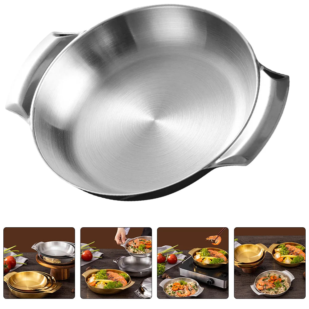 Stainless Steel Dry Pot Double Handle Korean Style Seafood Pan Flat Bottom Cooking Pot For Restaurant Kitchen Hotpot Non Stick