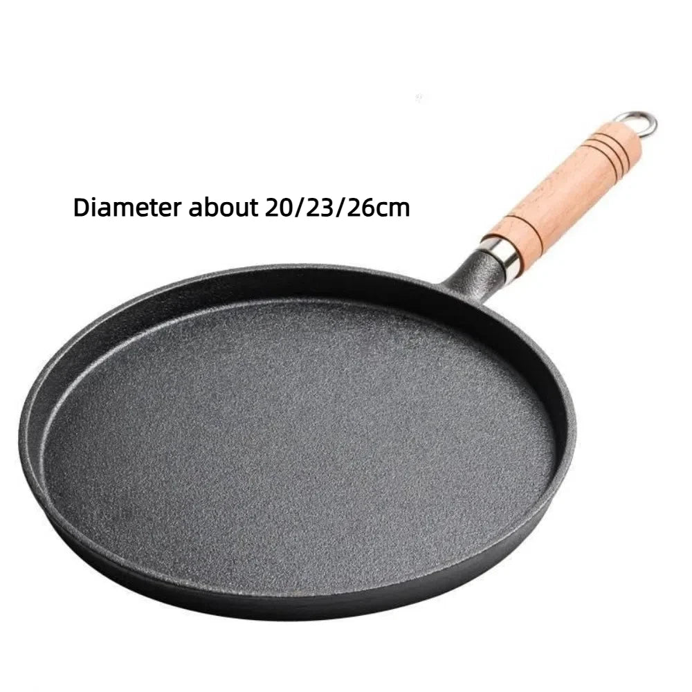 20/23/26cm Cast Iron Frying Pan Uncoated Non-Stick Egg Pancake Pan Kitchen Cookware Wooden Handle Pizza Baking Tray