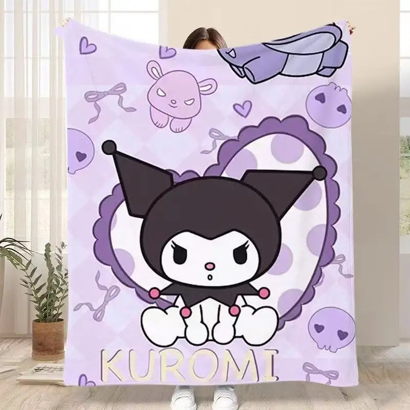 Sanrio Gothic Style Kuromi Flannel Blanket Towel Quilt 100 Polyester Soft Washable Lightweight Multi Purpose for Sofa Bed Office