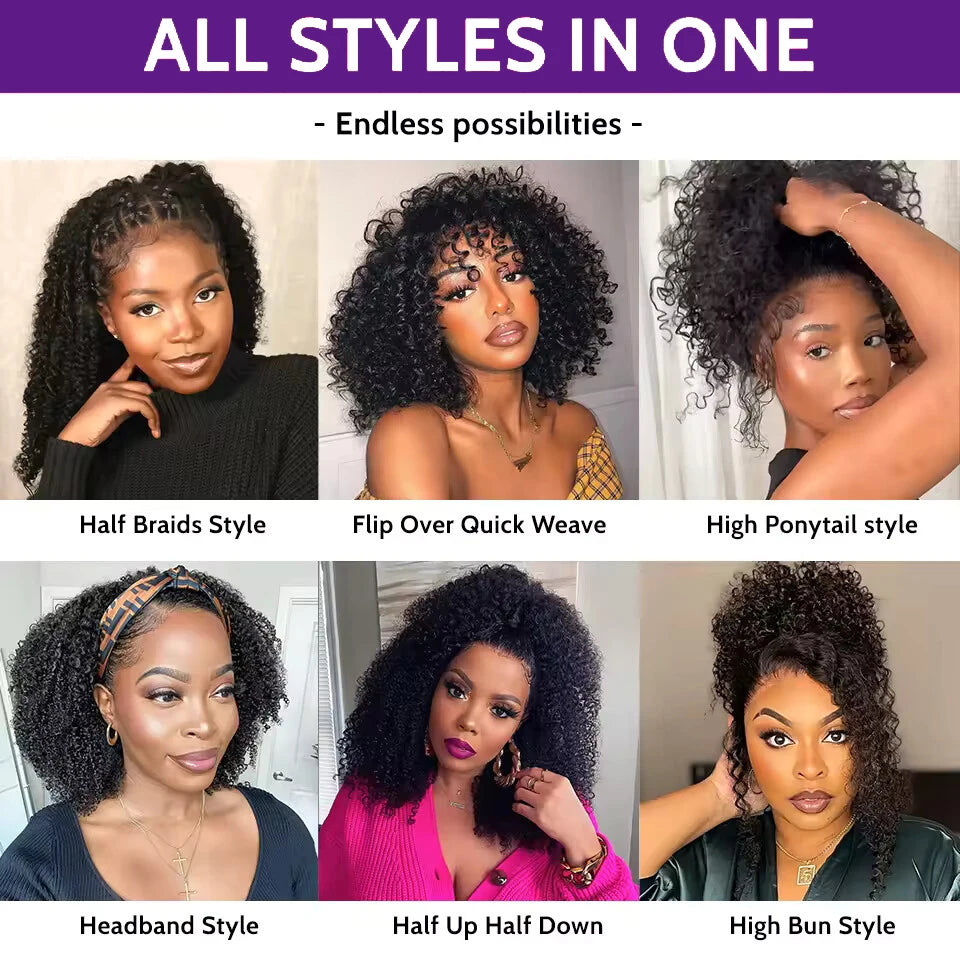 Half curly Wig with Adjustable Drawstring Wig Cap 26 28 inches Wig 200 Density Afro Kinky Curly Natural Black 3 In 1 Hair wigs