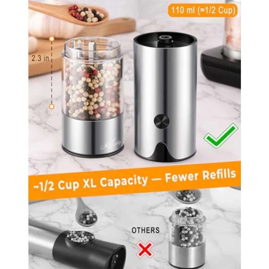 Rechargeable Electric Salt and Pepper Grinder Set with Extra Large Capacity Automatic Black Peppercorn Sea Salt Spice Mill in B