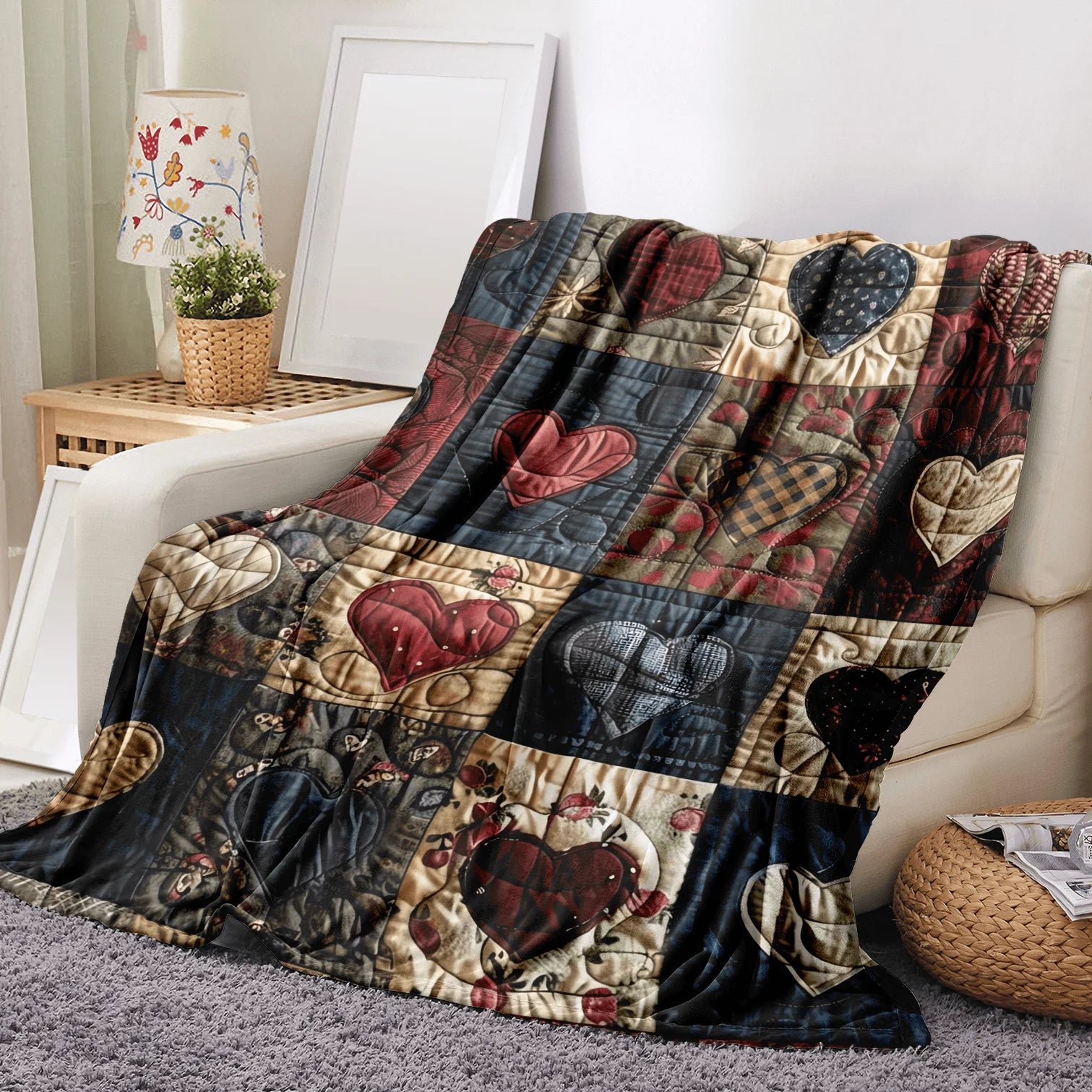 Ultra-Soft Flannel Heart-Print Blanket - Lightweight and portable for year-round travel, camping, or office use. Patchwork quilt