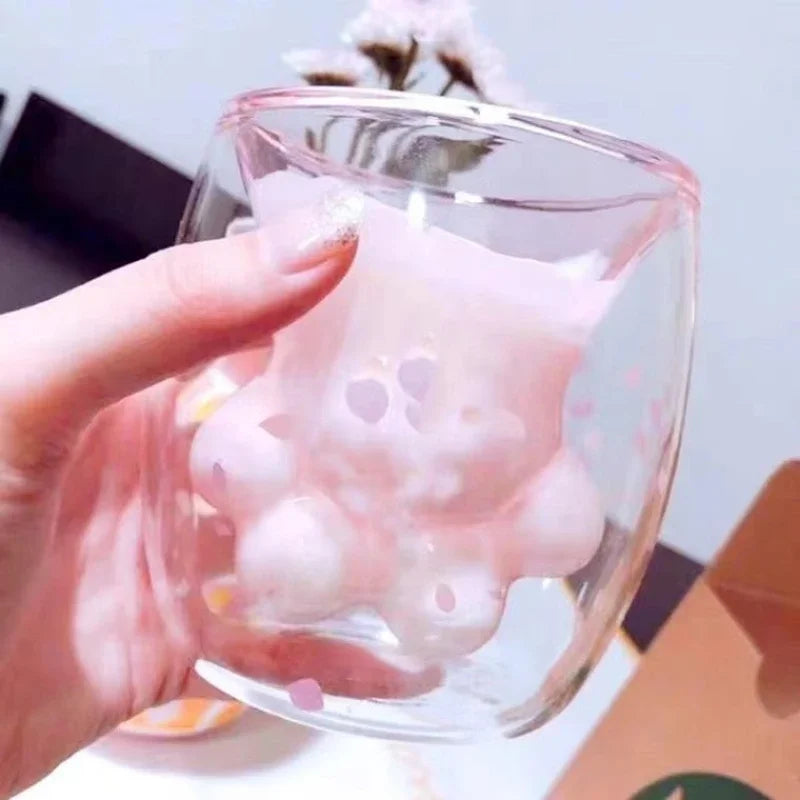 Cute Sakura Cat Paw Glass Cup Floral Cherry Double Layer Glass Coffee Milk Mug Kawaii Transparent Cups Chirtmas Gift For Friend