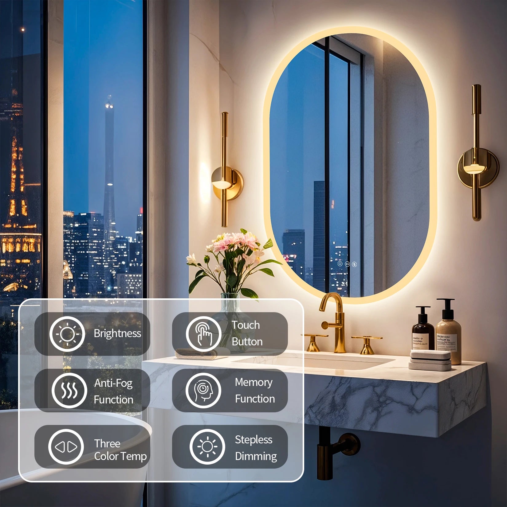 Oval LED Bathroom Mirror 800 900 1000 1200 mm Wall Makeup Mirror, Anti-fog, 3 Colors Dimmable, Backlight Illuminated