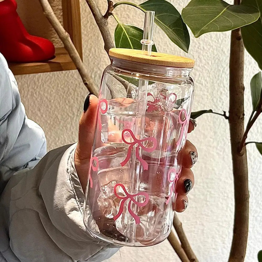 Cute Bow Glass Cup Tumbler Mason Jar Shaped Water Bottle With Lids Straw Coffee Cups Party Gift for Iced Coffee Juice Cup Gift