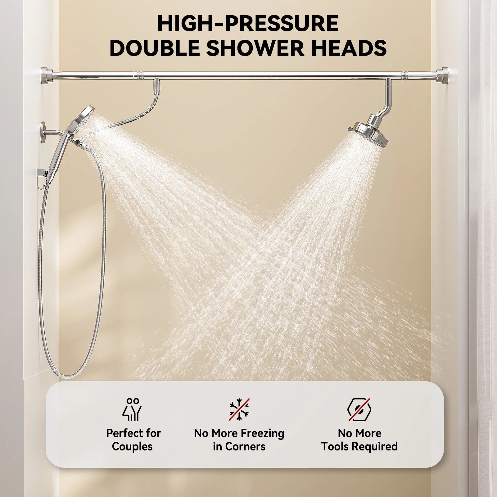 Tandem Shower Head For Couples, Dual Shower Head with Handheld, High Pressure Double Shower Heads for Two People Rod