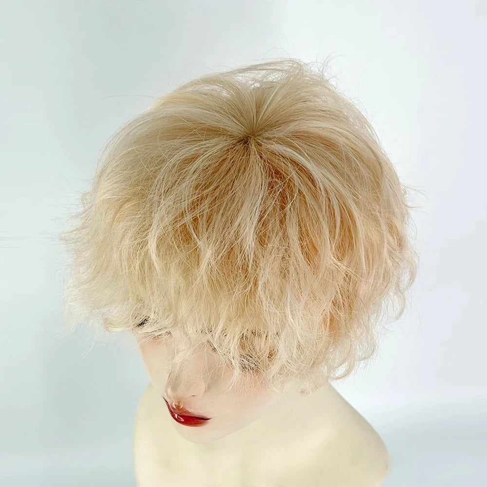 Men Short Wavy Curly Synthetic Blonde Wig with Bangs Fluffy Cosplay Hair Heat Resistant Wig for Daily Party