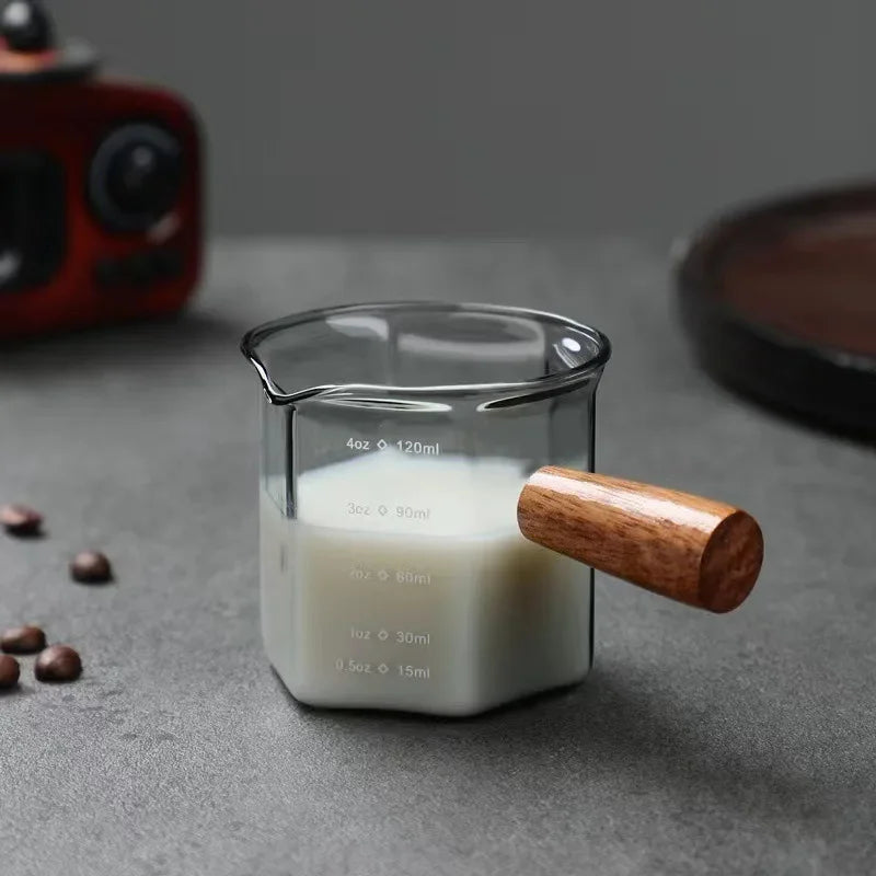 JUSTINLAU 120ML Coffee Extraction Cup High Borosilicate Glass Espresso Cups Single Mouth with Scale Wooden Handle Measuring Mugs