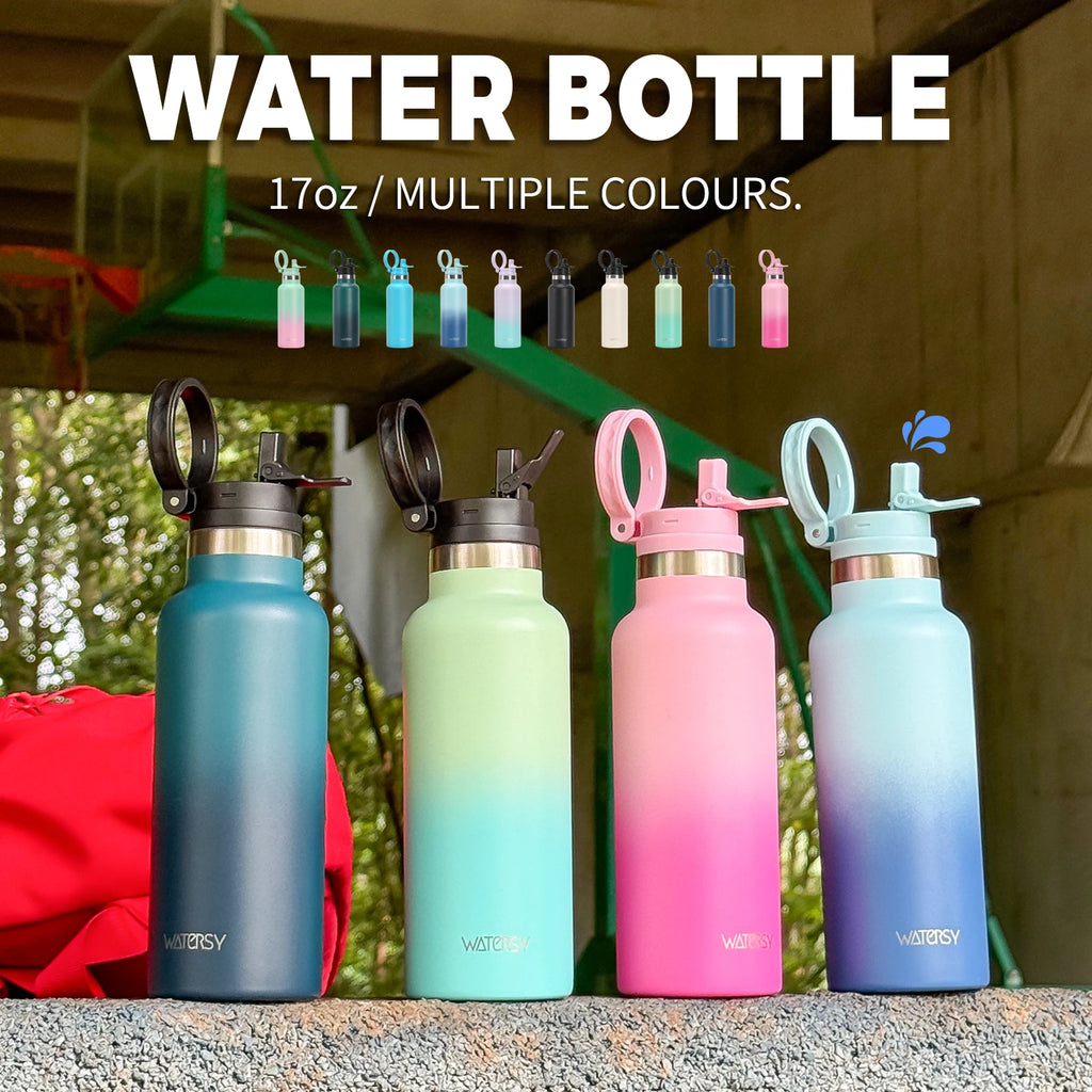 WATERSY 500ml Stainless Steel Water Bottle with Handle & Straw, Double Wall Insulated Thermal Cup, Vacuum Flask for Sports