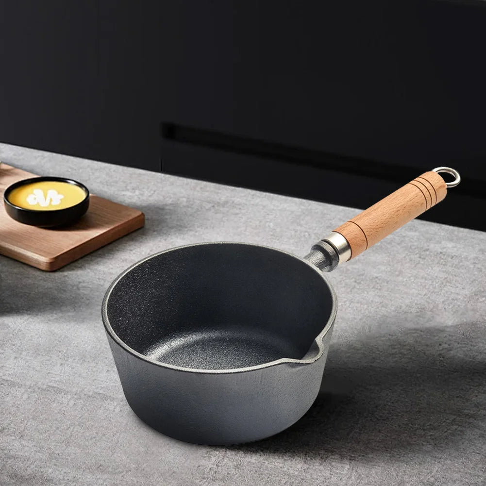 Non-Stick Cooking Saucepan with Pour Spout Cast Iron Hot Oil Pan Wooden Handle Butter Warmer for Pouring Oil Milk Heating Frying